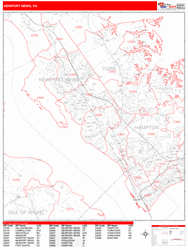 Newport News Wall Map Zip Code Red Line Style 2024
